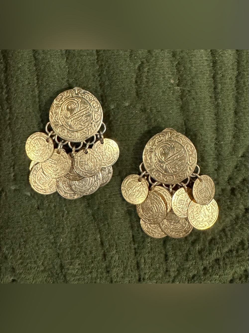 Vintage Hammered Gold Coin Gypsy Dangle Clip-On Earrings signed Greece